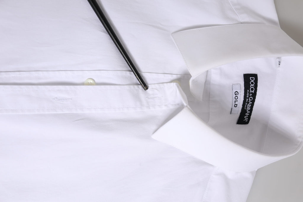 Chemise blanche en coton Dolce & Gabbana pour homme à manches longues avec détails dorés.