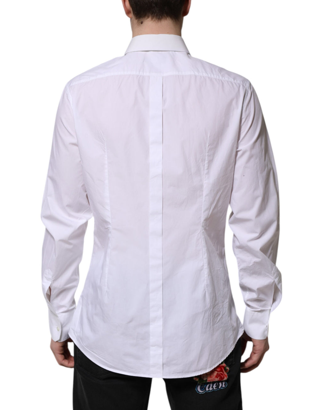 Chemise homme Dolce & Gabbana en coton blanc à manches longues avec détails en or, vue de face.
