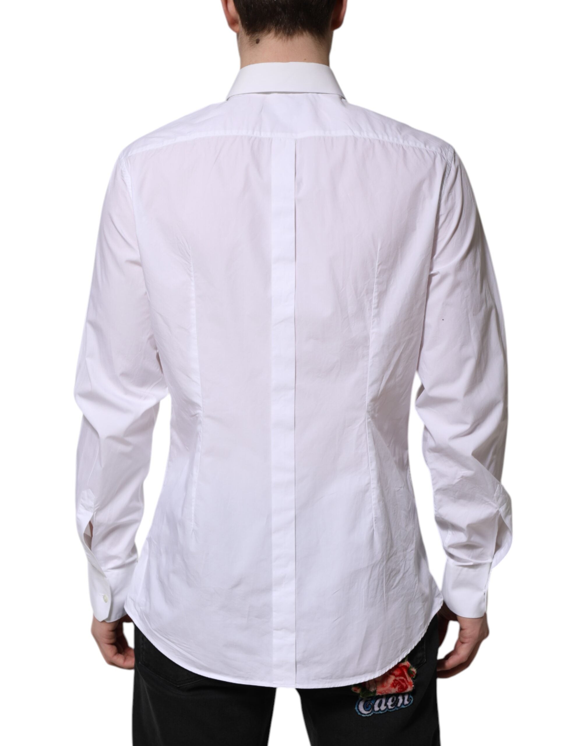 Chemise homme Dolce & Gabbana en coton blanc à manches longues avec détails en or, vue de face.