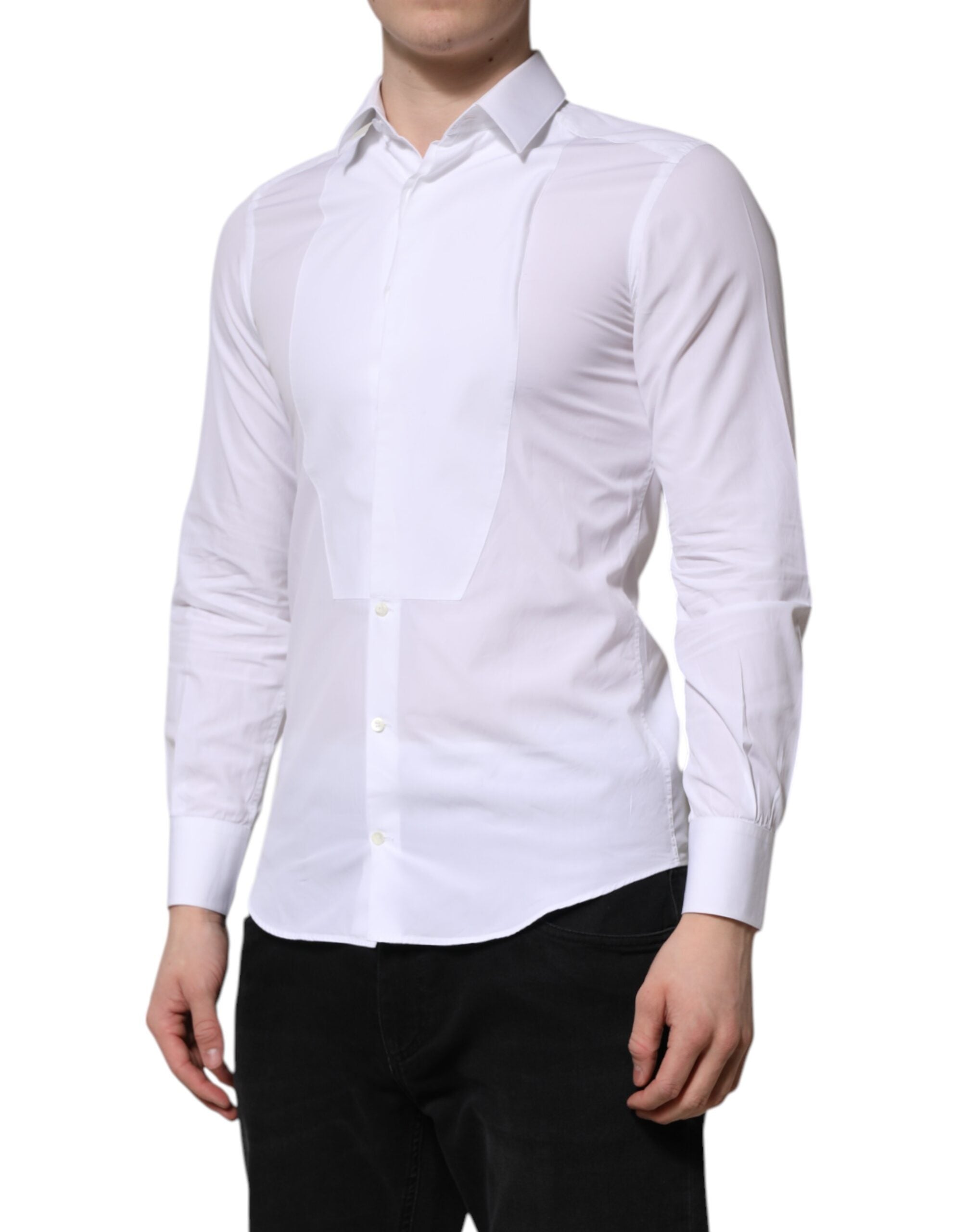 Chemise pour homme Dolce & Gabbana en coton blanc à manches longues avec détails dorés.