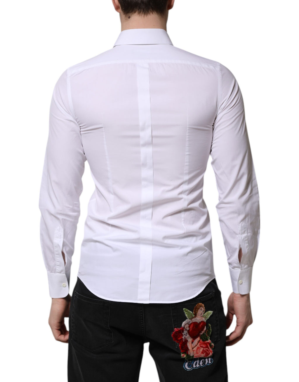 Chemise homme Dolce & Gabbana en coton blanc à manches longues avec détails dorés, élégante et sophistiquée.