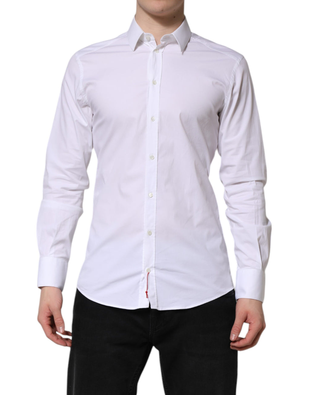 Chemise homme Dolce & Gabbana en coton blanc à manches longues avec détails en or, élégante et classique.