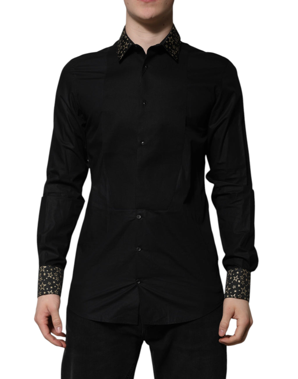 Chemise Dolce & Gabbana en coton noir à manches longues avec détails dorés, vêtement élégant pour homme.