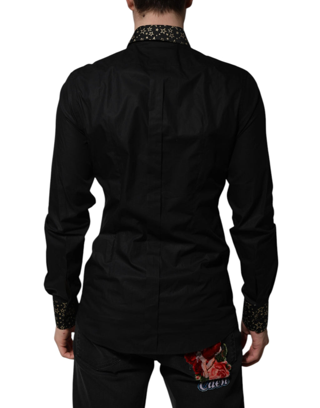 Chemise Dolce & Gabbana en coton noir à manches longues avec détails dorés, élégante et sophistiquée.