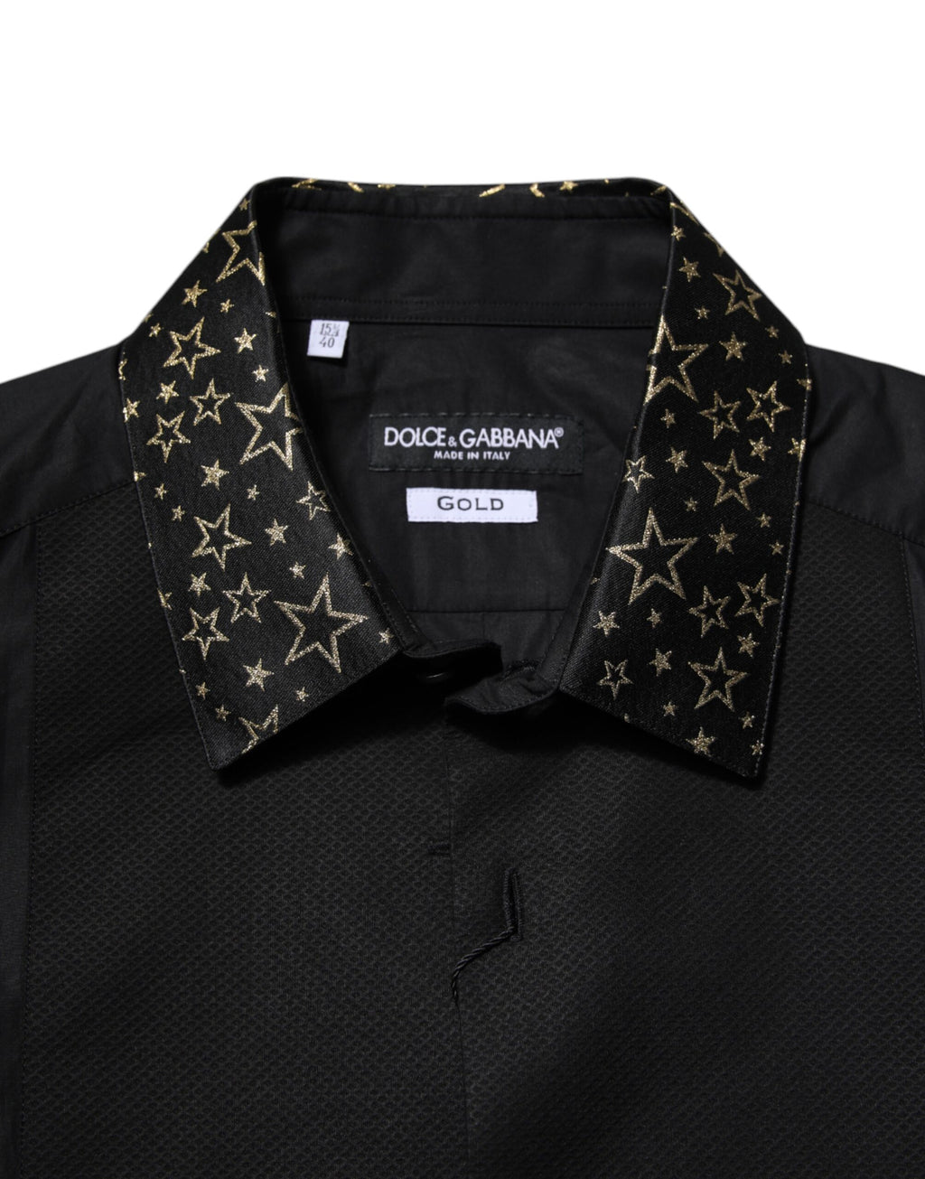 Chemise Dolce & Gabbana en coton noir à manches longues avec détails en or, élégante et sophistiquée pour homme.