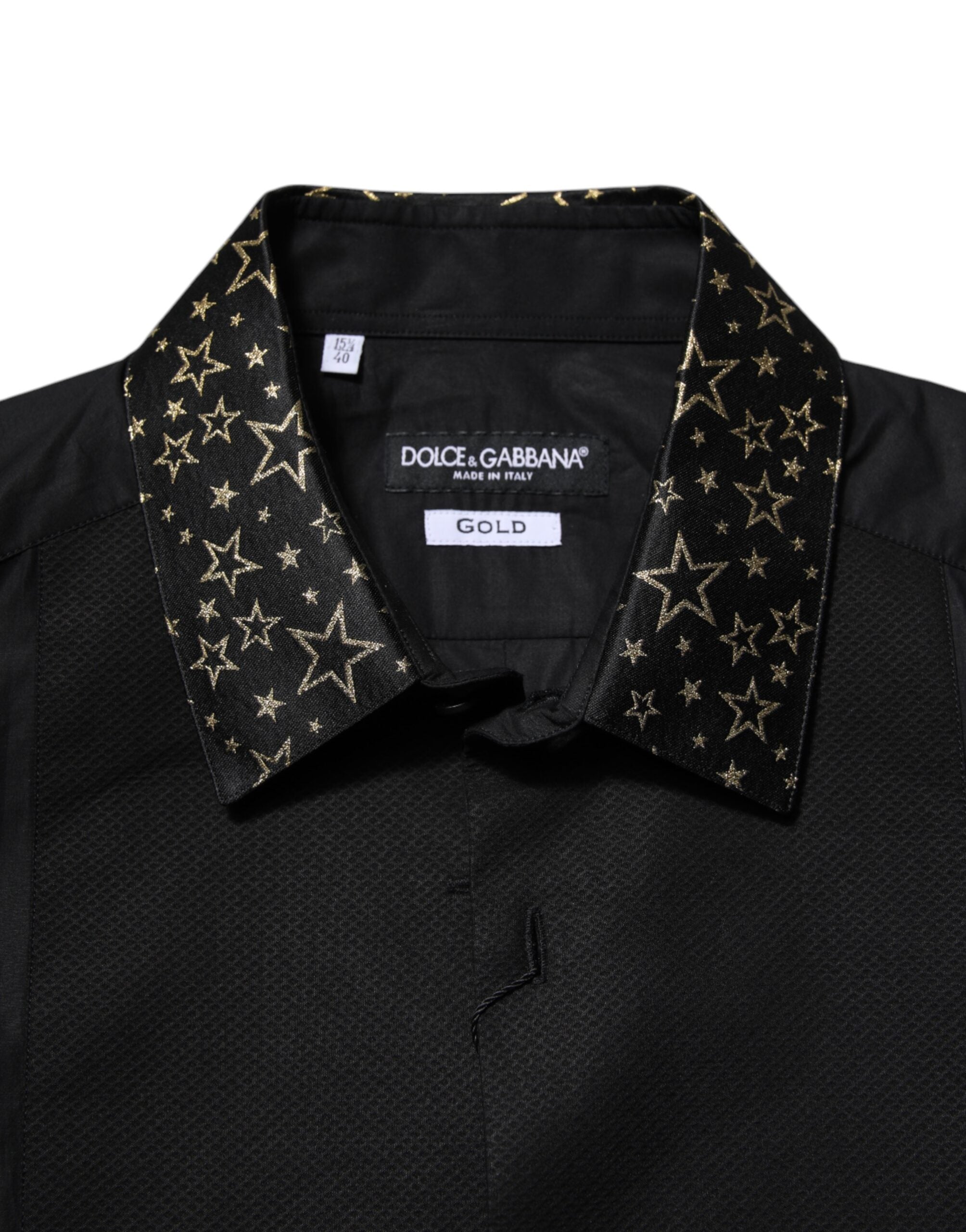 Chemise Dolce & Gabbana en coton noir à manches longues avec détails en or, élégante et sophistiquée pour homme.