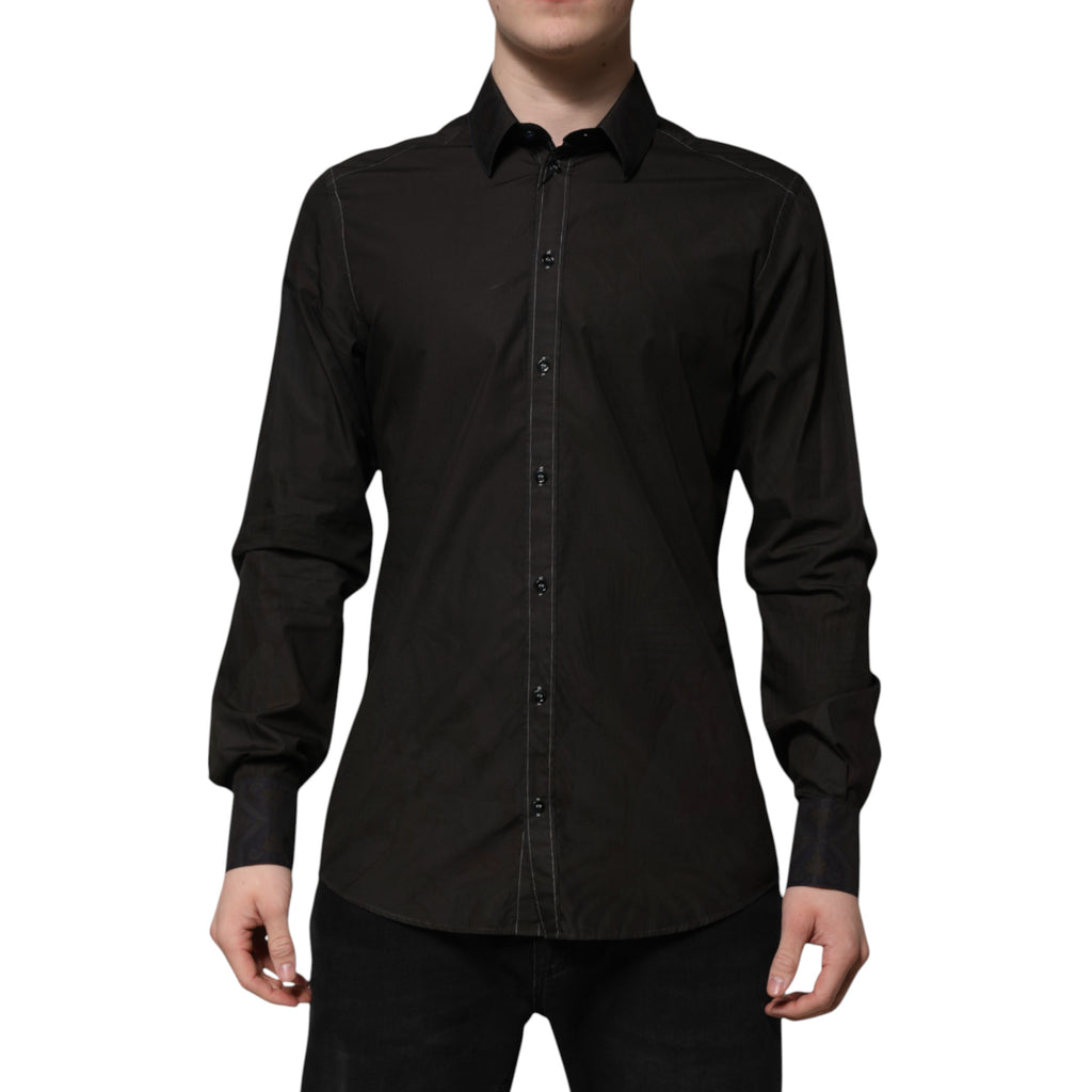 Chemise Dolce & Gabbana en coton jacquard noir avec col en or, style élégant et sophistiqué.