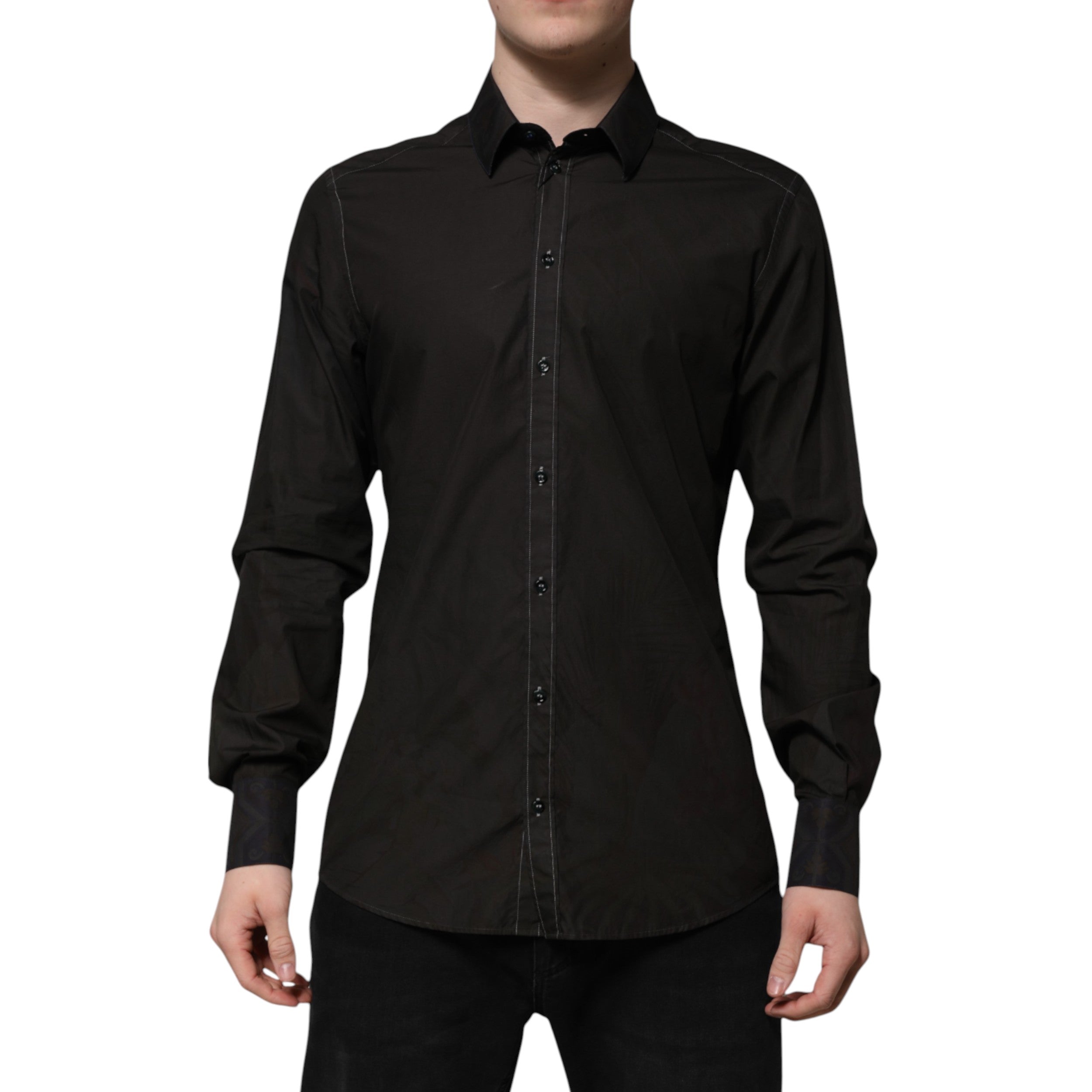 Chemise Dolce & Gabbana en coton jacquard noir avec col en or, style élégant et sophistiqué.