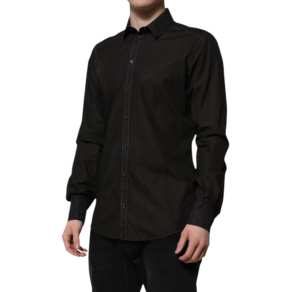 Chemise Dolce & Gabbana en coton jacquard noir avec col en or, style élégante et sophistiquée.