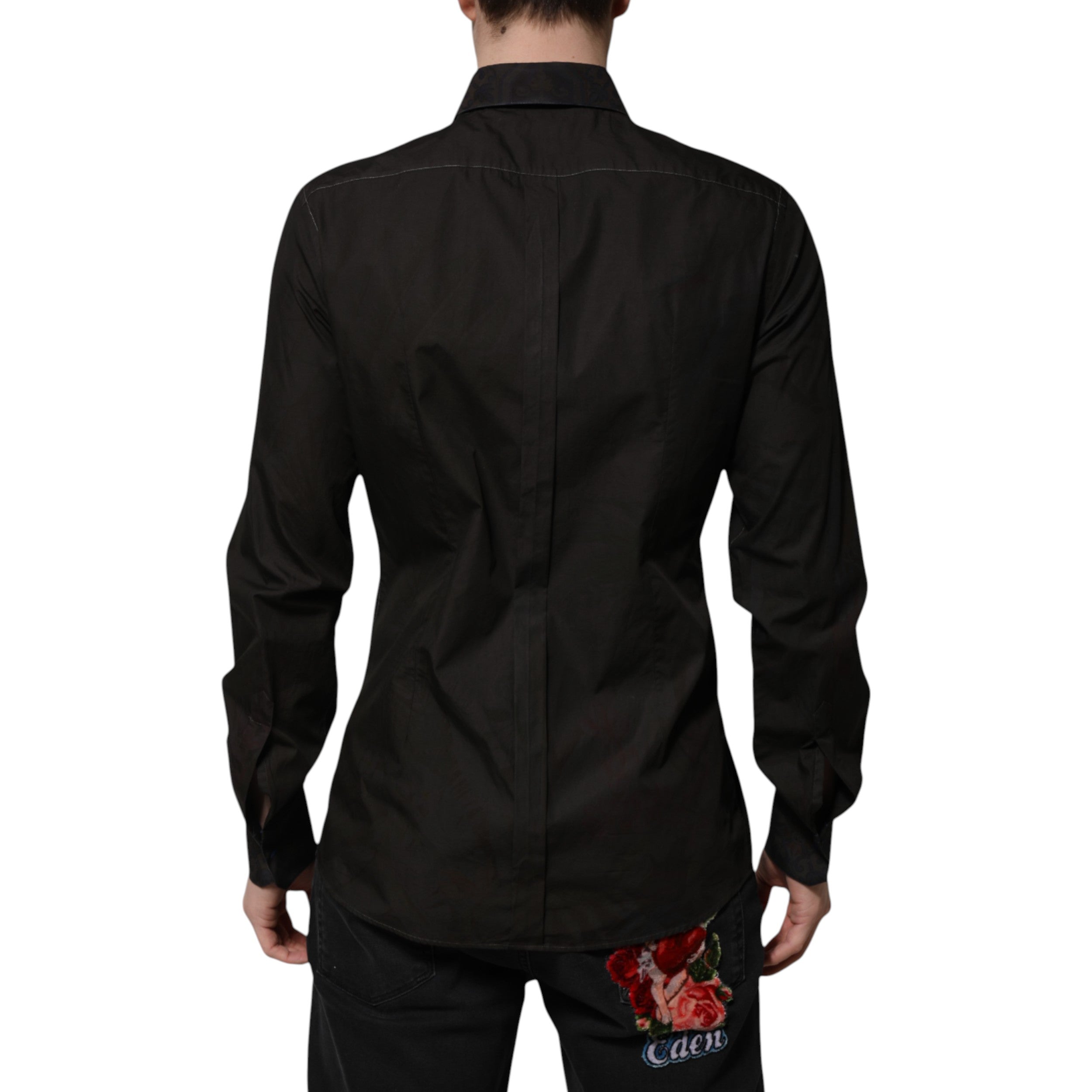 Chemise Dolce & Gabbana en coton jacquard noir avec col or, vêtement élégant et texturé, visible sur l'image.