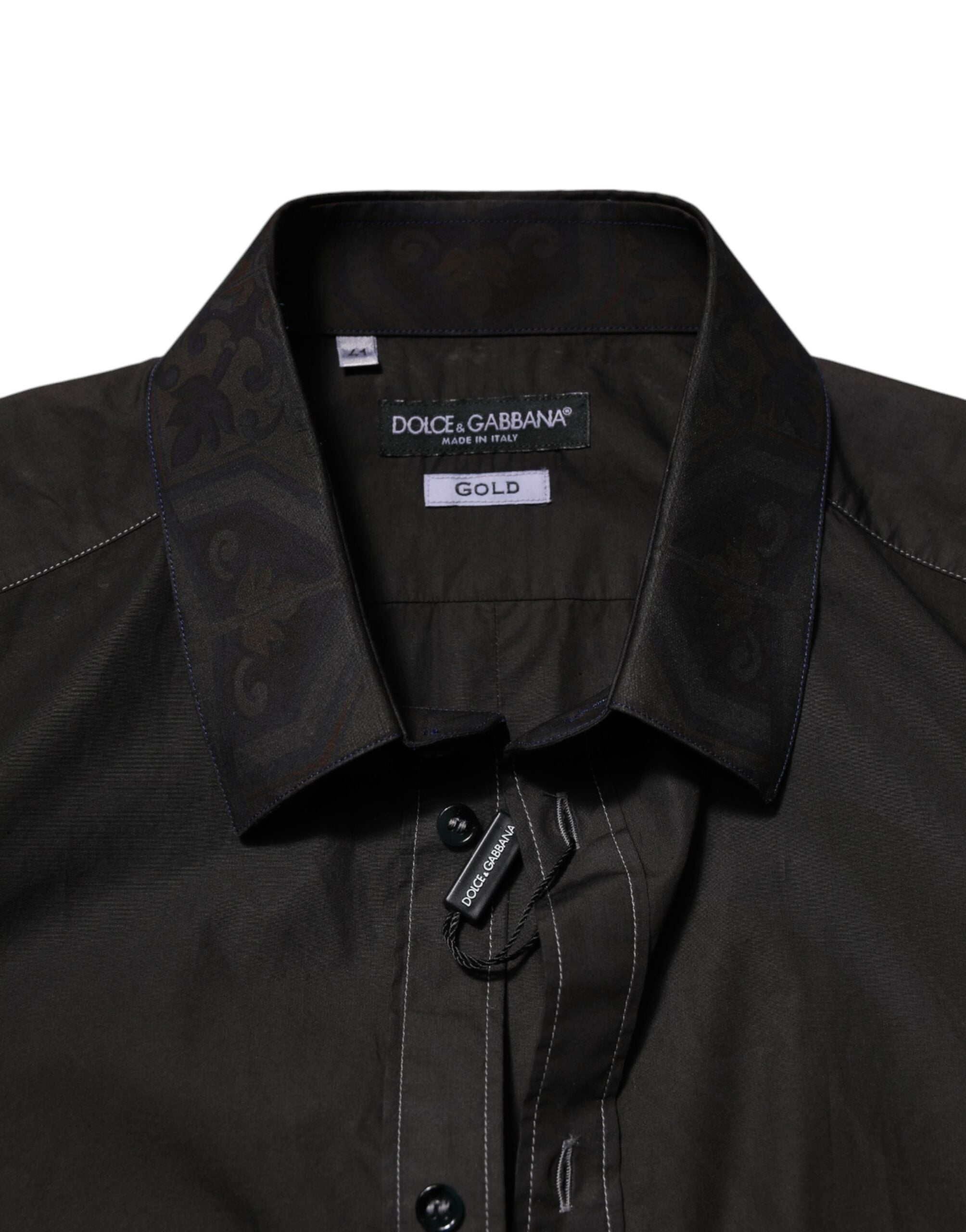 Chemise noire Dolce & Gabbana en coton jacquard avec col doré, élégante et sophistiquée.