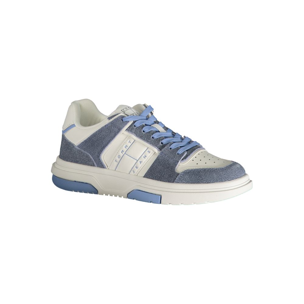 Sneakers pour femmes Tommy Hilfiger en polyuréthane bleu azur, style décontracté et confortable, vues de face.