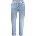 Jeans pour homme Calvin Klein en coton bleu, coupe classique, avec détails de couture visibles.