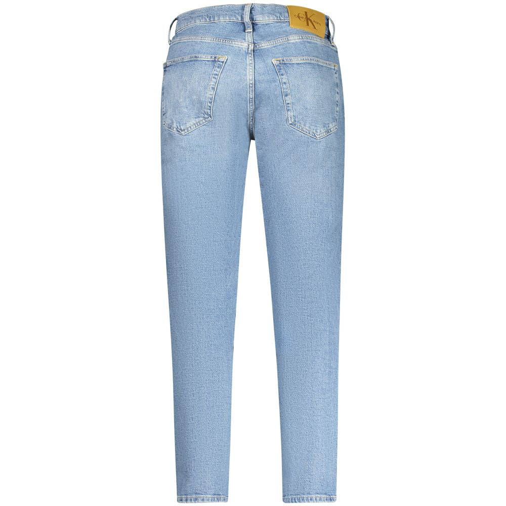 Jeans pour hommes en coton bleu de la marque Calvin Klein, coupe classique avec détails de couture.