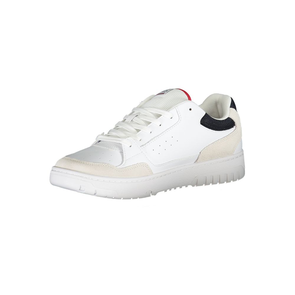 Sneakers blanches pour hommes Tommy Hilfiger en polyéthylène, vue de côté, avec semelle blanche et design moderne.