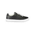 Sneakers femme en cuir noir Tommy Hilfiger, chaussures décontractées avec semelle blanche et détails élégants.