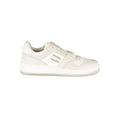 Sneakers blanches en polyuréthane pour homme de la marque Tommy Hilfiger, vue de côté avec semelle blanche et design moderne.