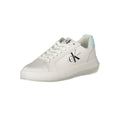 Chaussures femmes Calvin Klein en cuir blanc, sneakers élégants et confortables, vue de face.