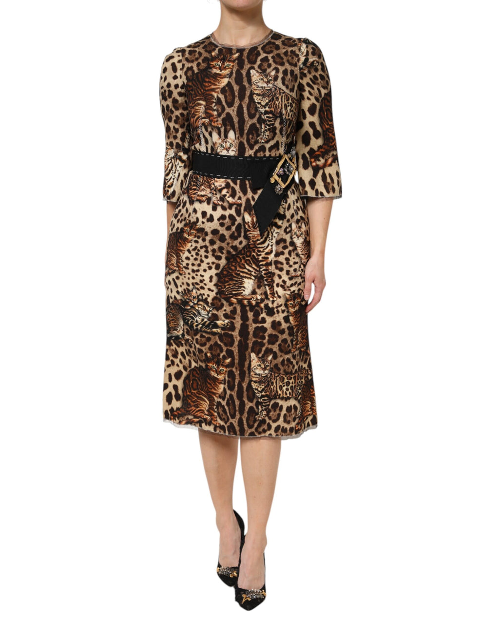 Robe midi évasée Dolce & Gabbana à ceinture, imprimé léopard marron, style élégant et sophistiqué.