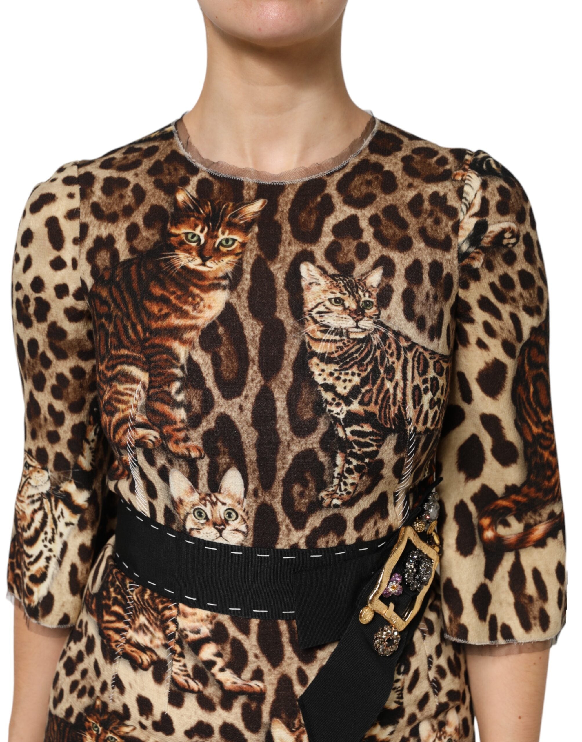 Robe midi Dolce & Gabbana marron à imprimé léopard avec ceinture, style en ligne A, vue frontale.