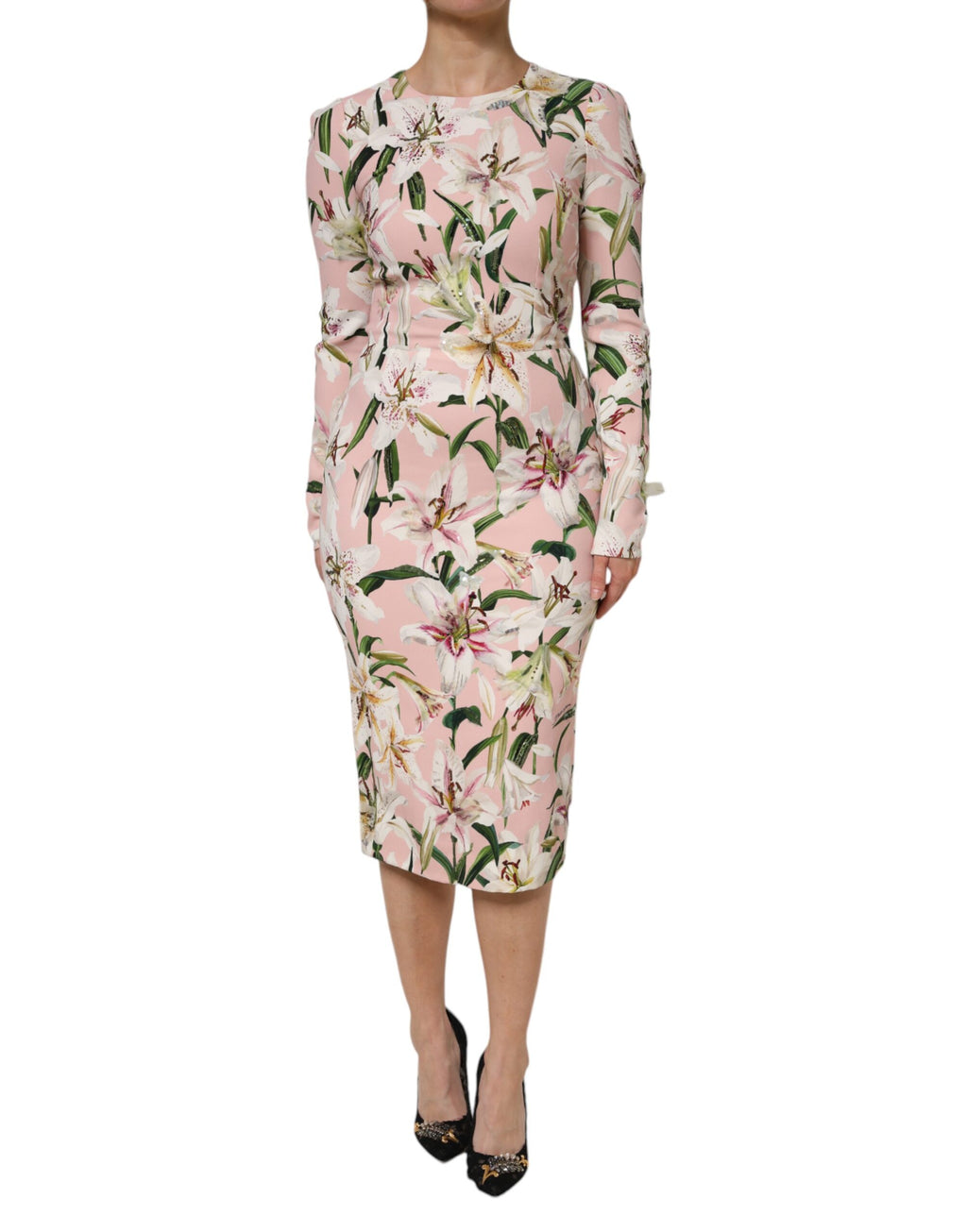 Robe midi en viscose rose avec coupe ajustée, marque Dolce & Gabbana, mettant en valeur un design élégant et féminin.