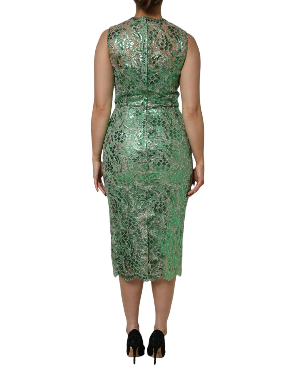 Robe midi en coton vert à fleurs en dentelle Dolce & Gabbana, coupe ajustée et élégante, détails floraux raffinés.
