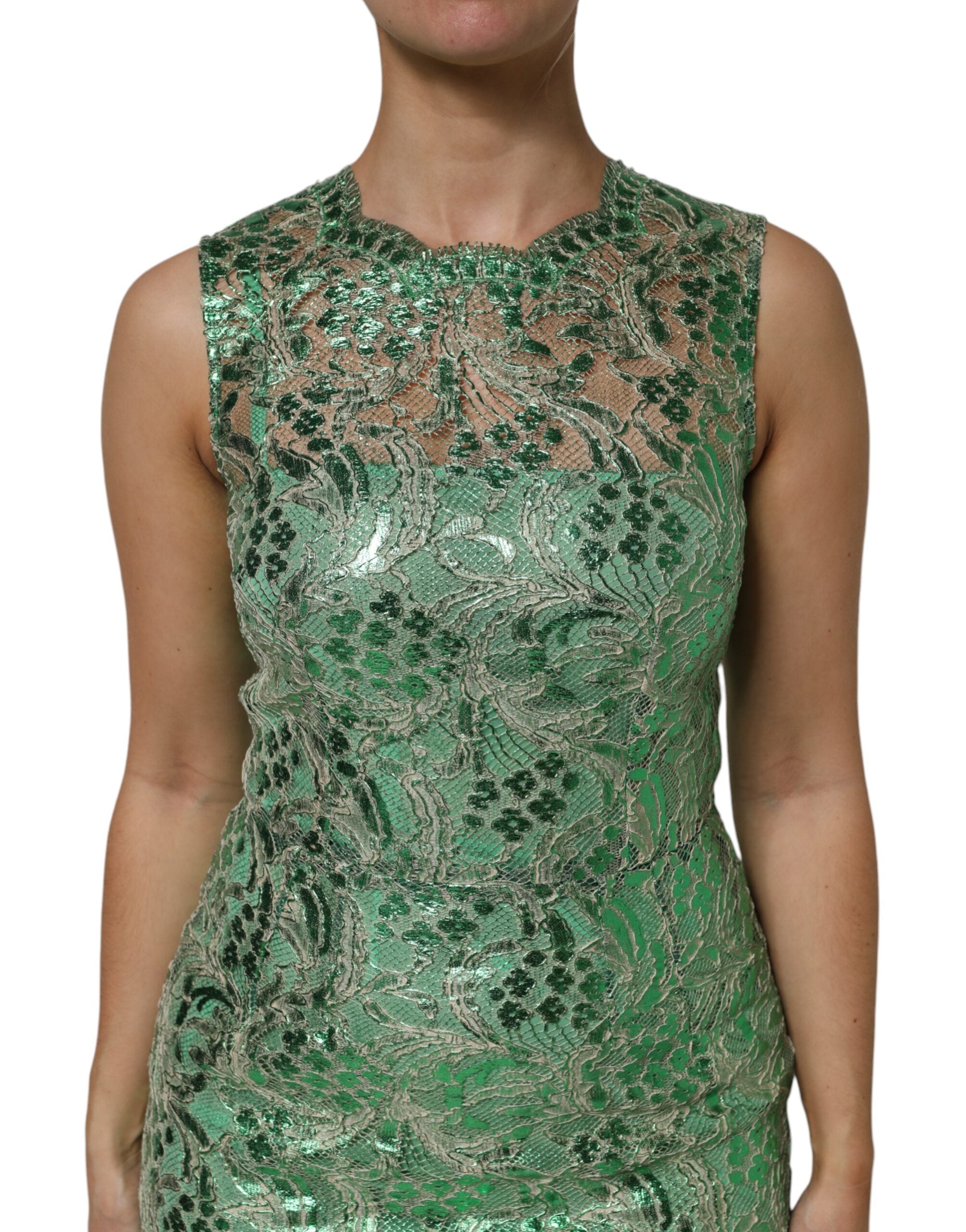 Robe midi en coton vert Dolce & Gabbana avec dentelle florale ajustée, élégante et sophistiquée.