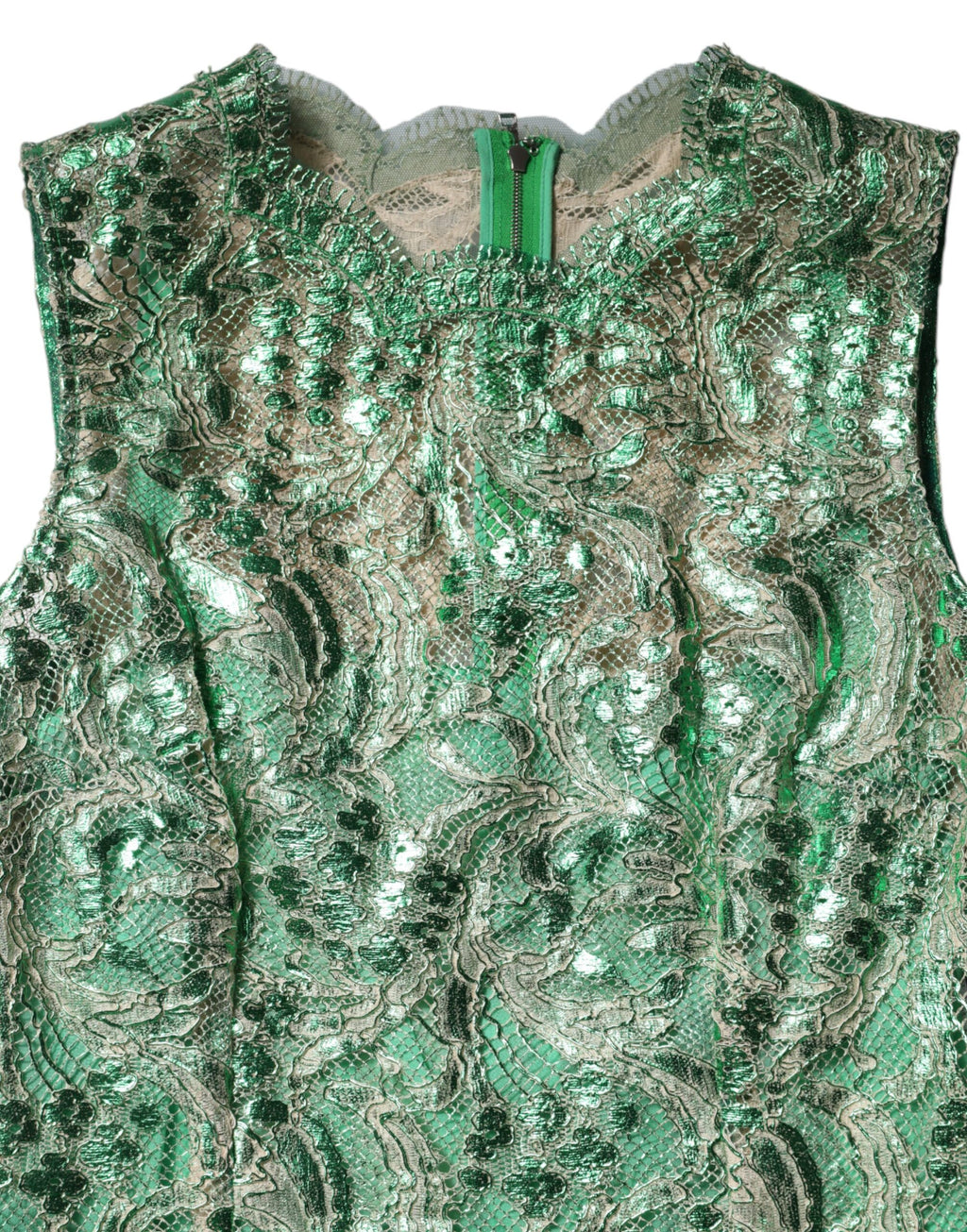 Robe trapèze midi en coton vert avec dentelle florale, marque Dolce & Gabbana, vue détaillée du tissu et du design.