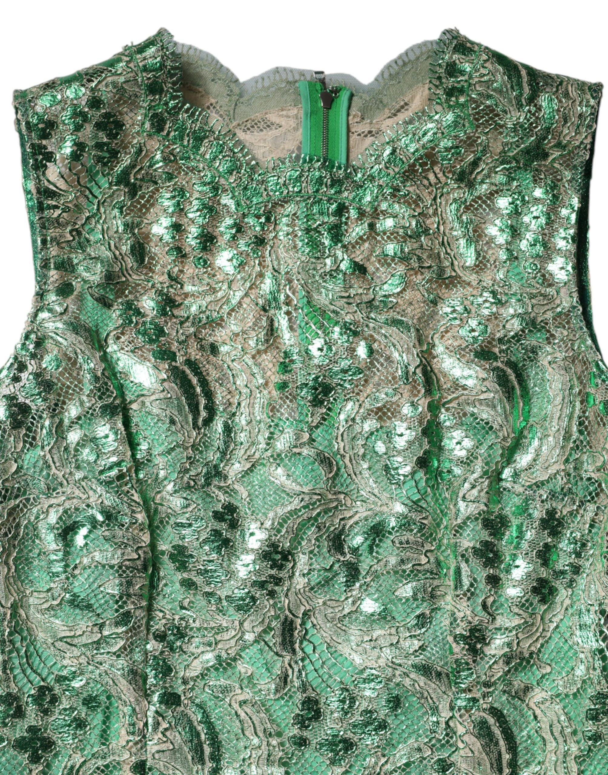 Robe trapèze midi en coton vert avec dentelle florale, marque Dolce & Gabbana, vue détaillée du tissu et du design.