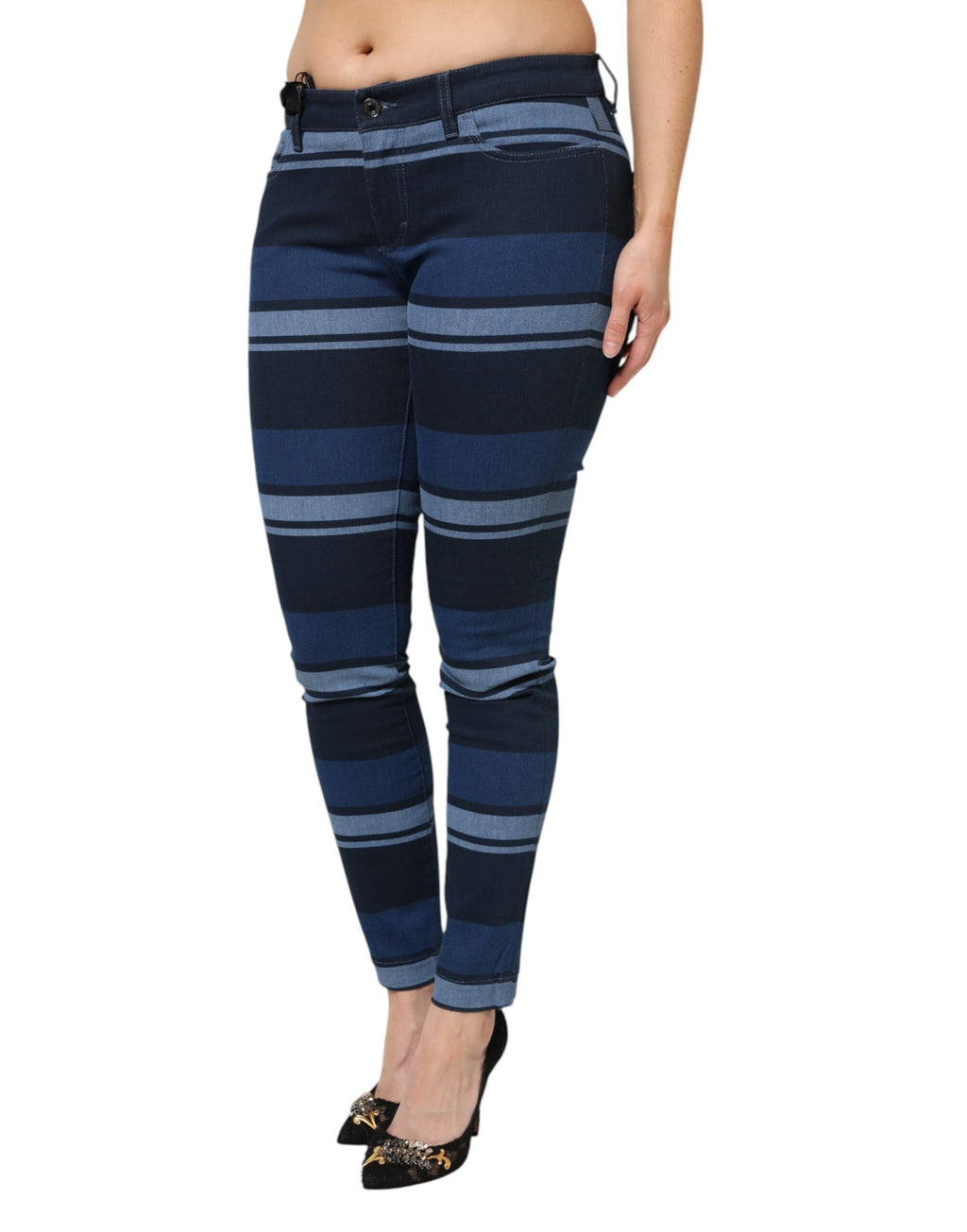 Jeans en denim stretch en coton à rayures bleues de Dolce & Gabbana, affichant une coupe classique et des détails modernes.