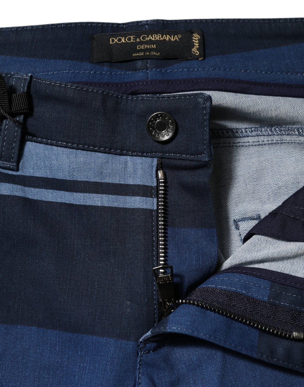 Jeans en denim stretch bleu à rayures coton Dolce & Gabbana, coupe ajustée, détails modernes et style élégant.
