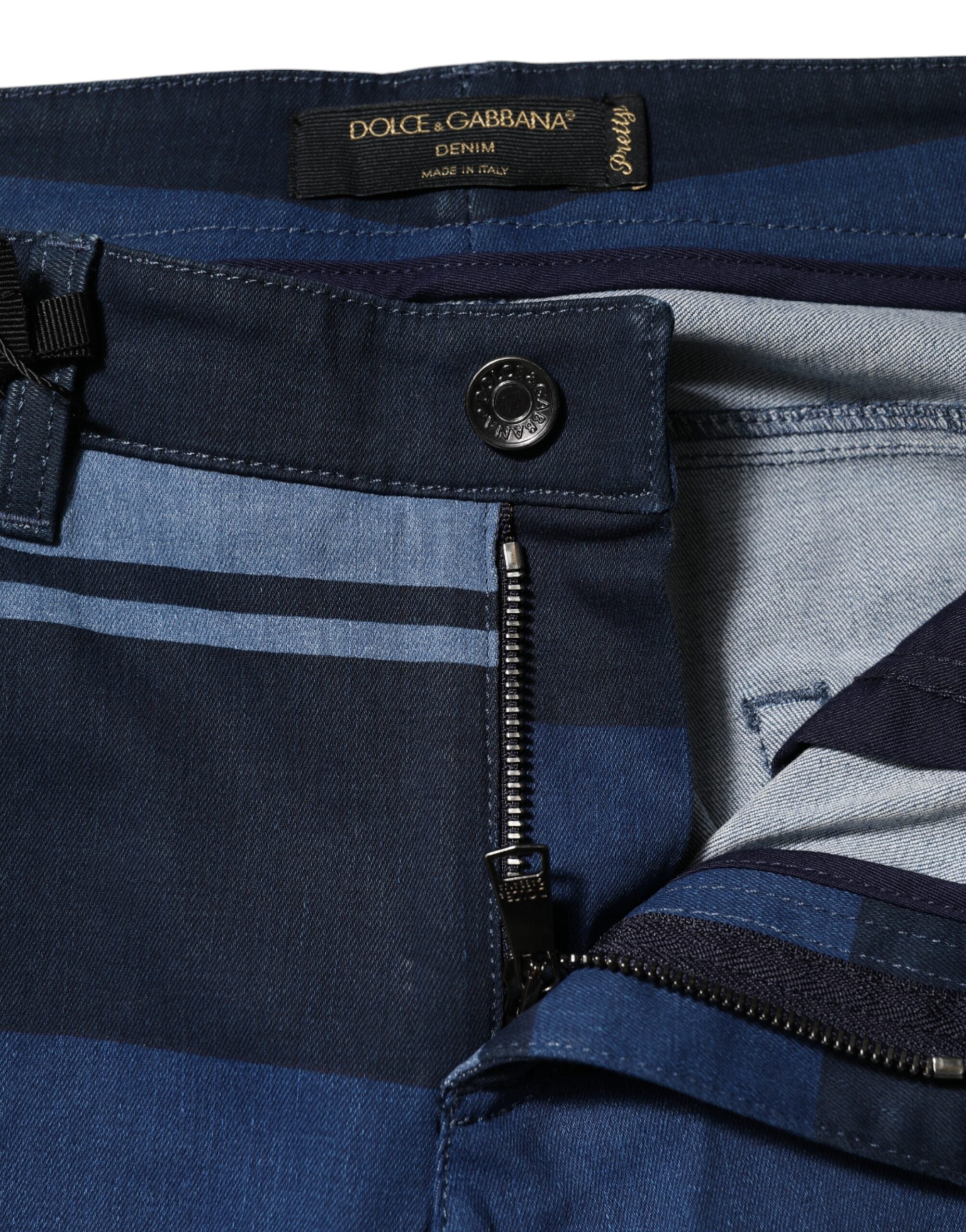 Jeans en denim stretch bleu à rayures coton Dolce & Gabbana, coupe ajustée, détails modernes et style élégant.
