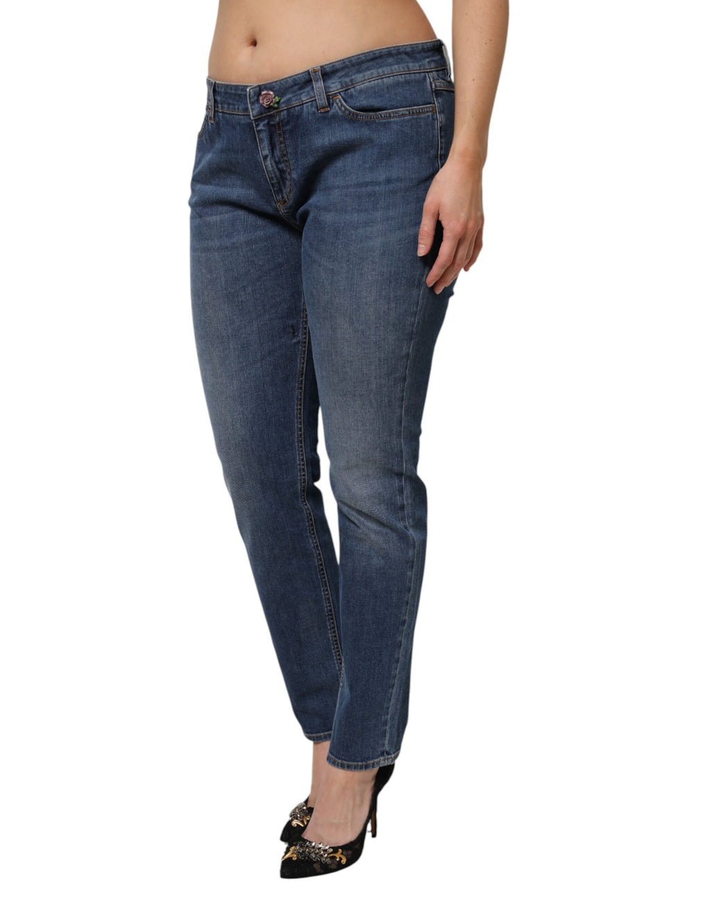 Jeans skinny en denim coton bleu à taille basse de Dolce & Gabbana, avec coupe ajustée et détails modernes.