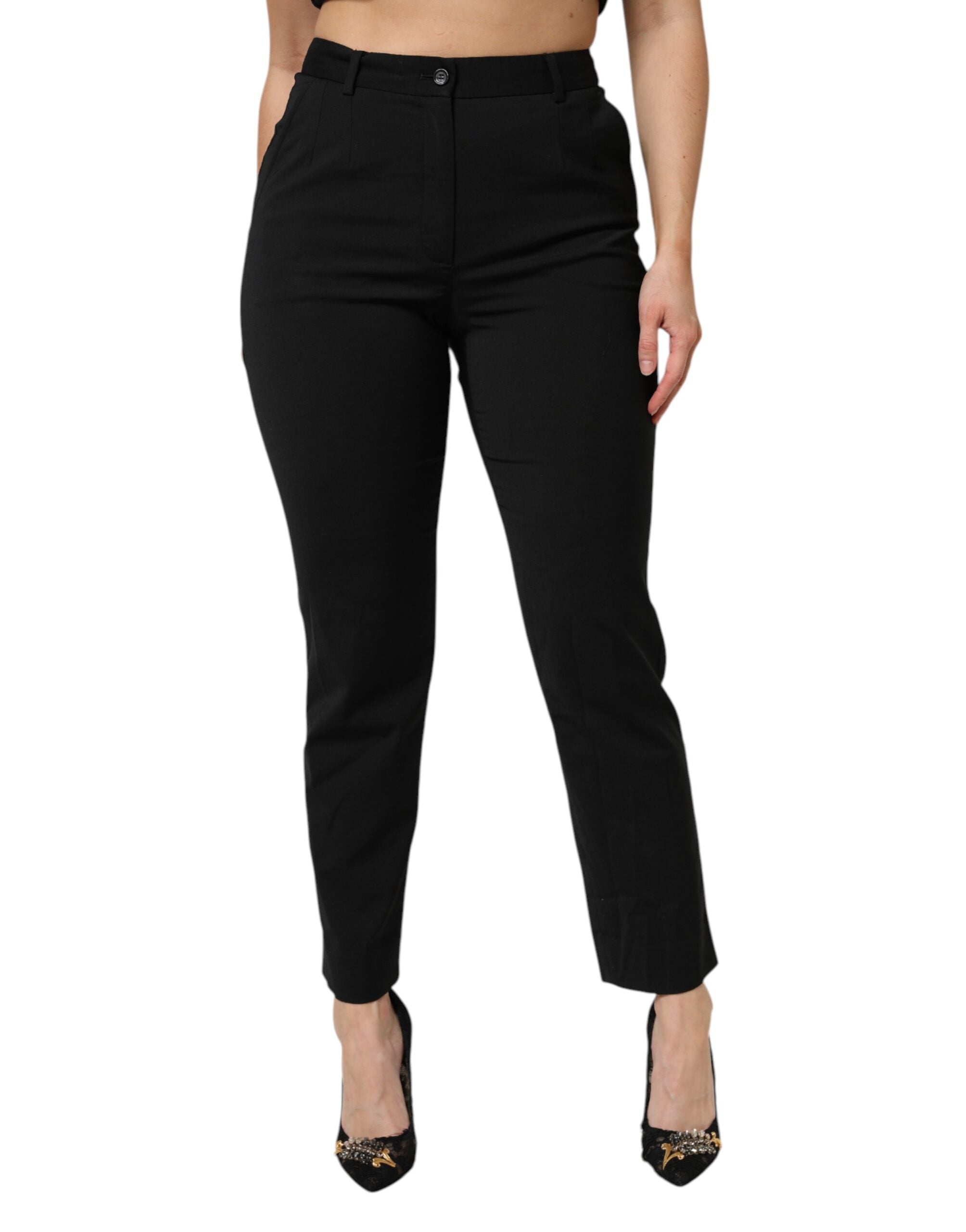 Pantalon noir taille haute Dolce & Gabbana, coupe tapered, style élégant et moderne, vue de face.
