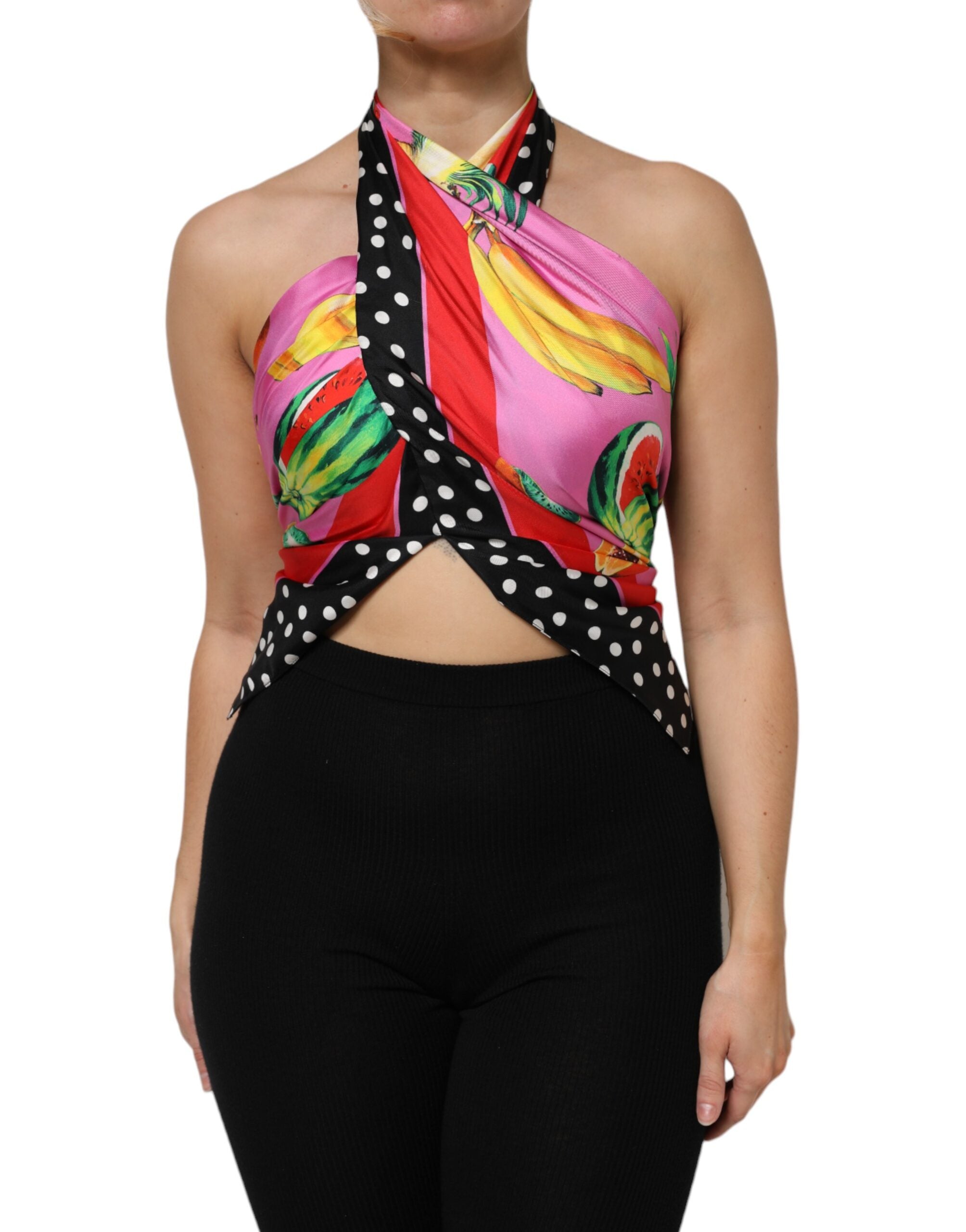 Haut court à col halter multicolore Dolce & Gabbana, parfait pour soirée ou fête, avec détails colorés et style élégant.