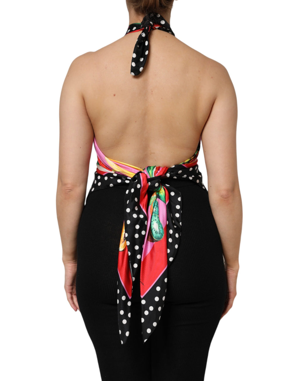 Haut court à halter Dolce & Gabbana en multicolores, parfait pour soirée ou fête, avec détails colorés et style élégant.
