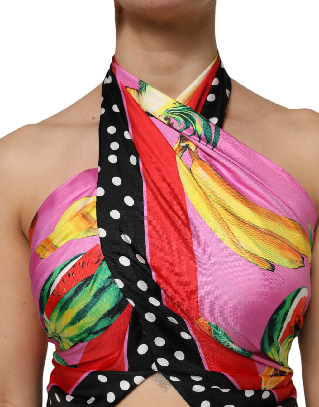 Top court Dolce & Gabbana multicolore à col halter pour soirée, coupe courte et style élégant.