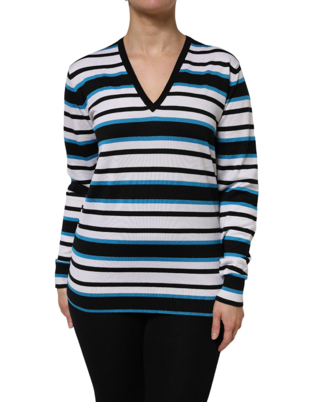 Haut à manches longues Dolce & Gabbana à rayures multicolores, col en V, tissu léger et élégant.