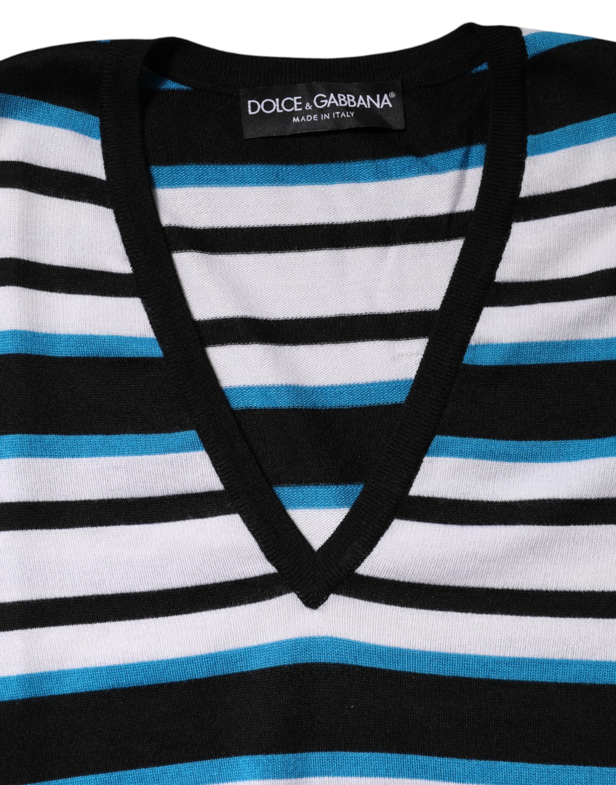 T-shirt à manches longues multicolores à rayures avec col en V de Dolce & Gabbana, style élégant et moderne.