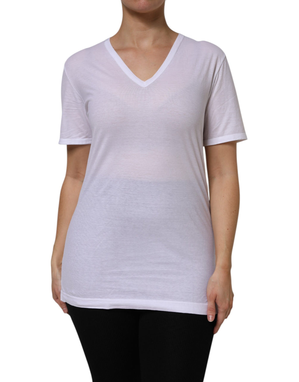 T-shirt blanc en coton à manches courtes et col en V de Dolce & Gabbana, vue de face.