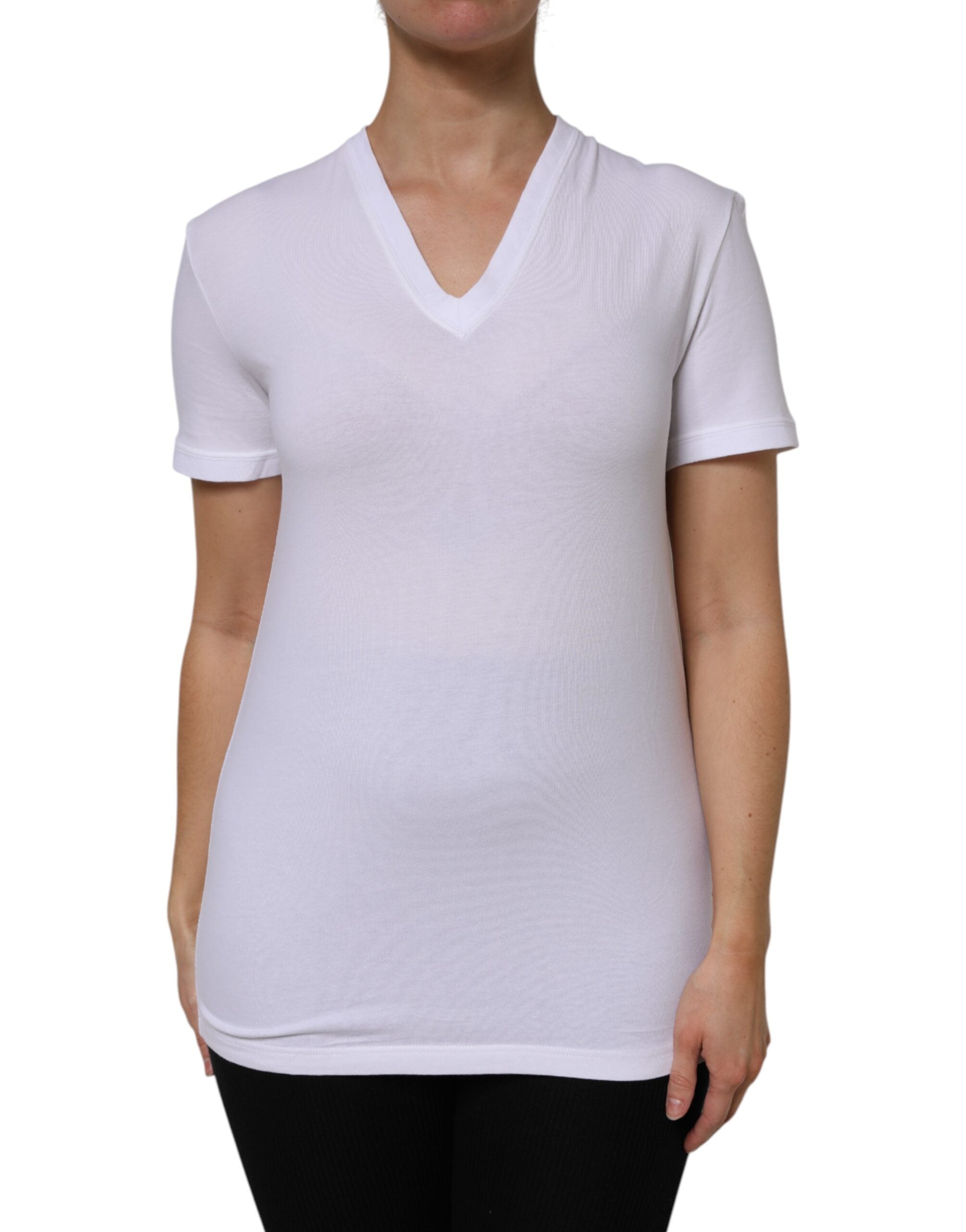 T-shirt blanc Dolce & Gabbana en coton à manches courtes et col en V, vue de face.