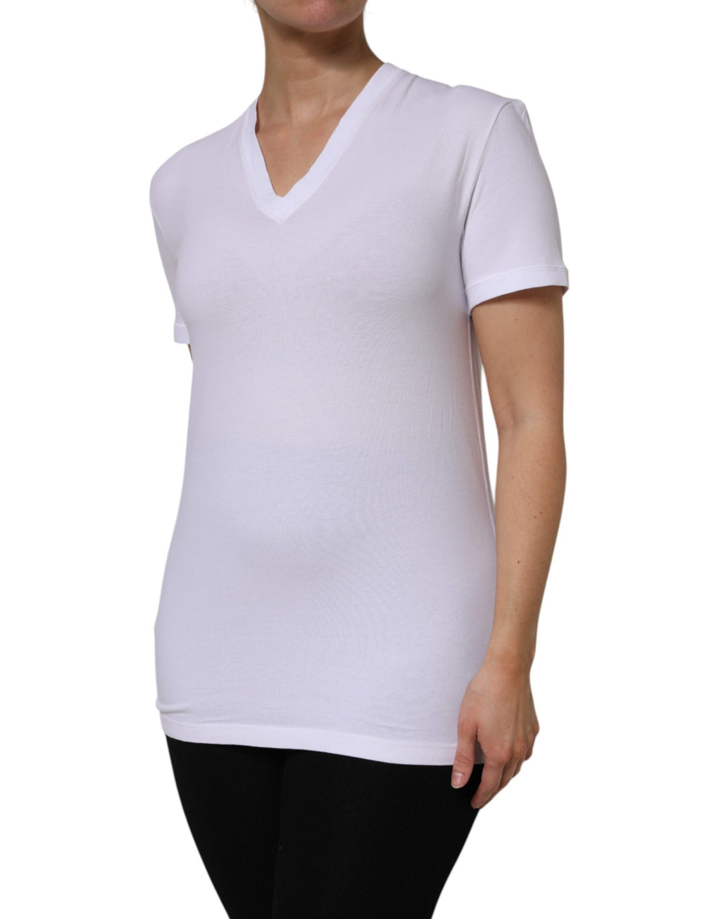 T-shirt blanc en coton Dolce & Gabbana à manches courtes et décolleté en V, vue de face.