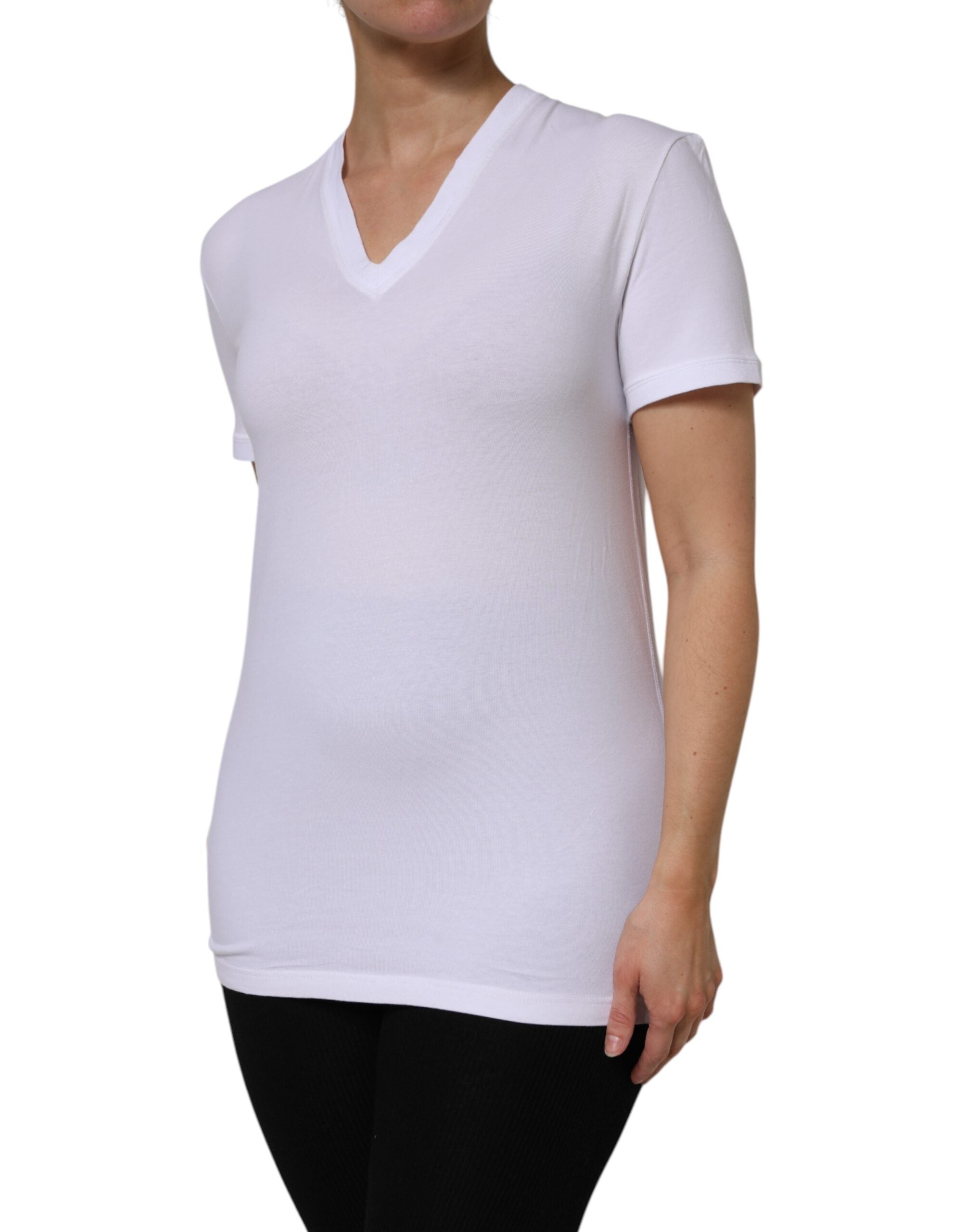 T-shirt blanc en coton Dolce & Gabbana à manches courtes et décolleté en V, vue de face.