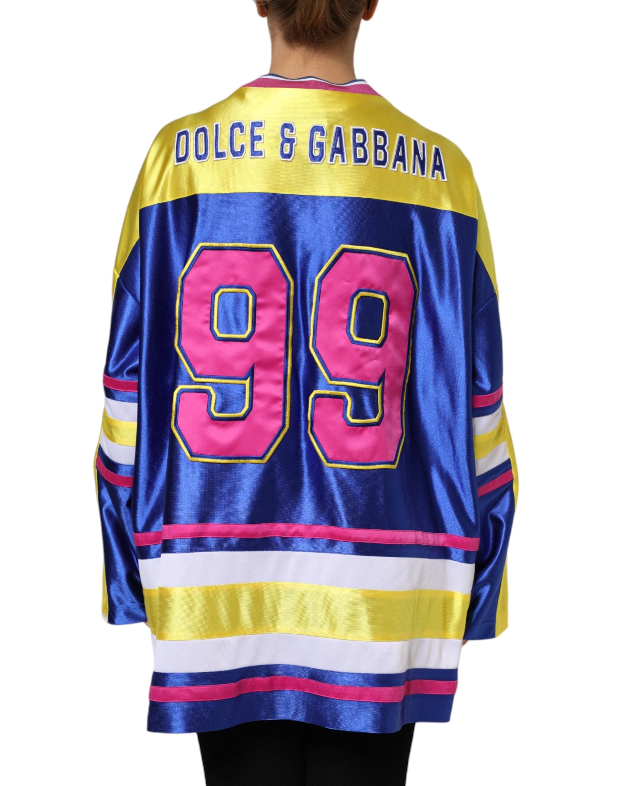 Haut à manches longues en polyester multicolore de Dolce & Gabbana avec décolleté en V, style élégant et coloré.
