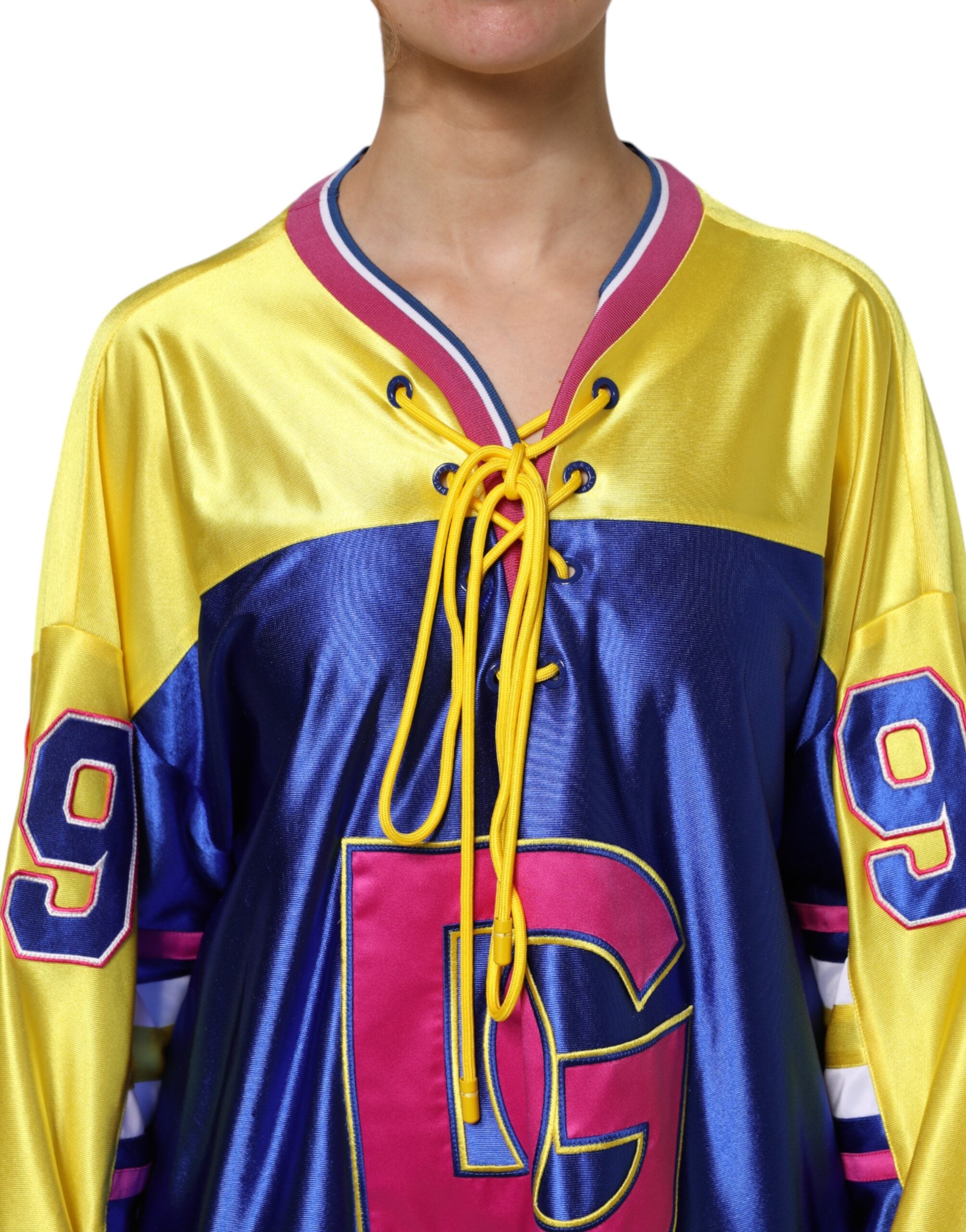 Top en polyester multicolore à manches longues et décolleté en V de Dolce & Gabbana, mode élégante et colorée.