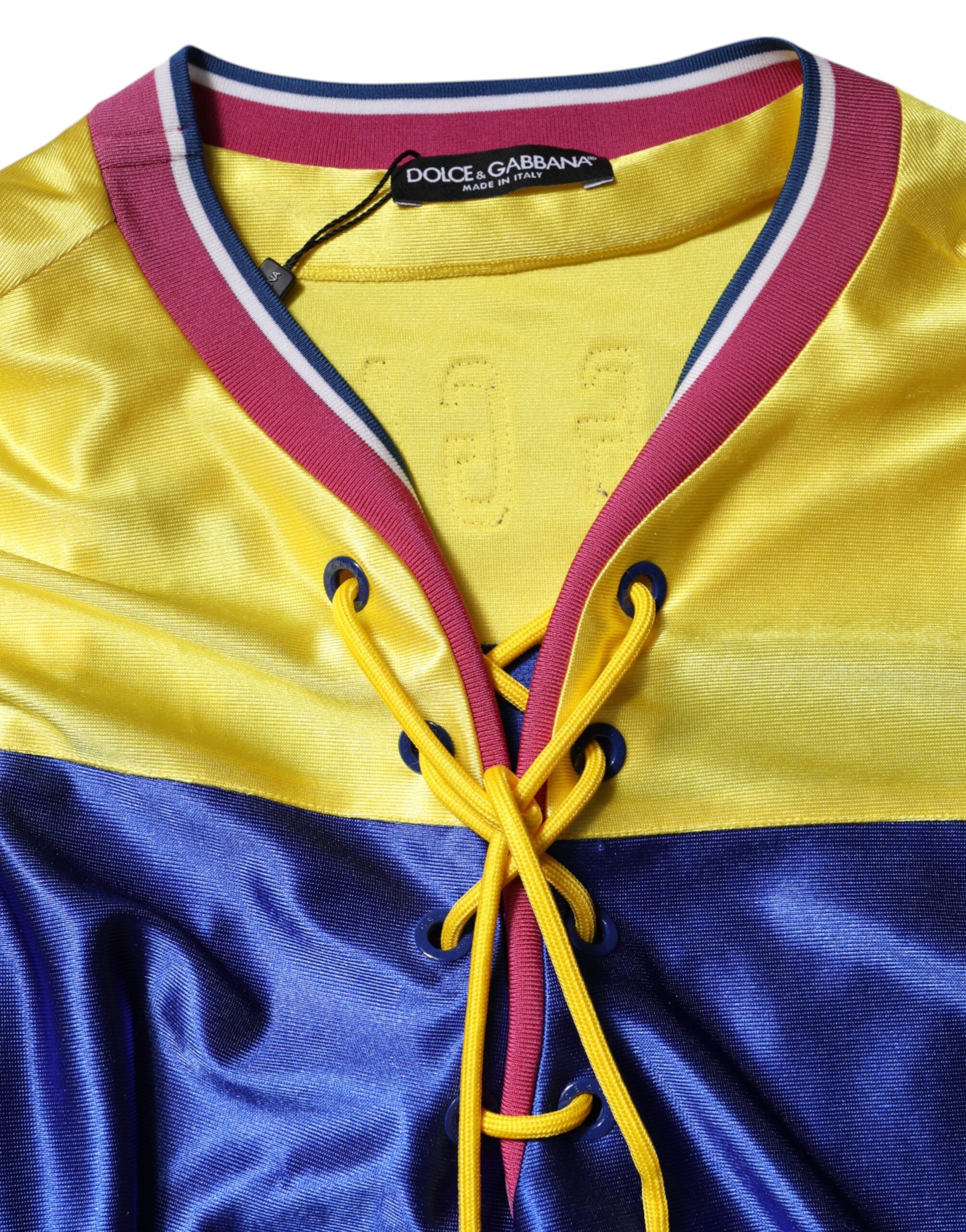 Top à manches longues en polyester multicolore Dolce & Gabbana avec décolleté en V, style élégant et moderne.