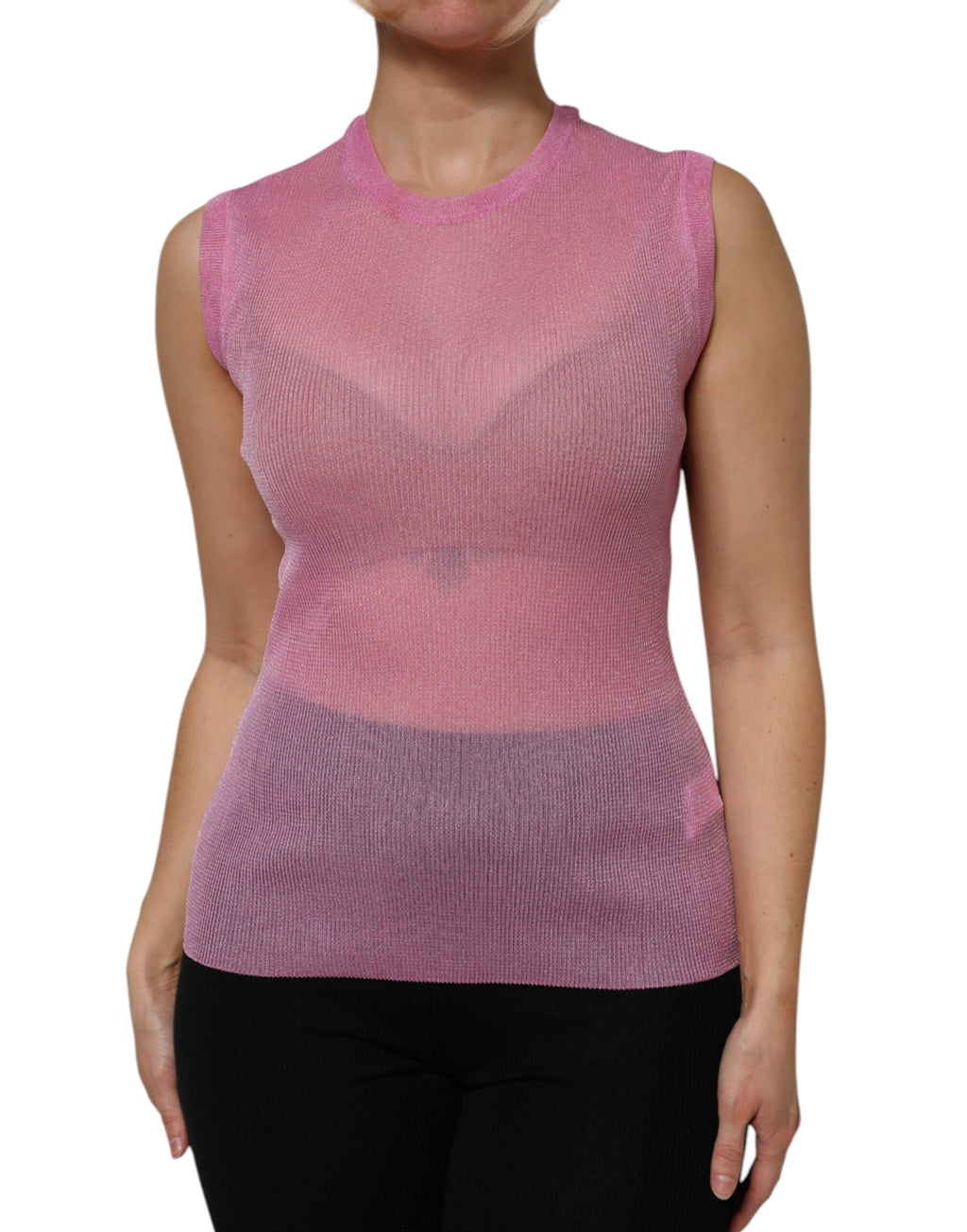 T-shirt sans manches rose en polyester de Dolce & Gabbana avec col rond, vue de face.