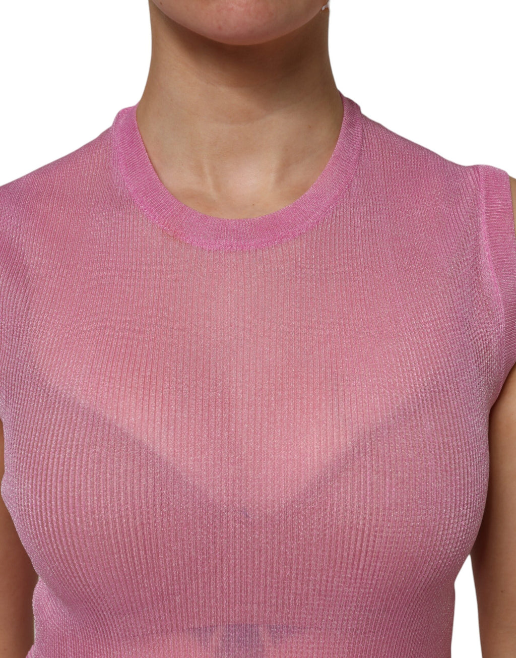 Débardeur sans manches rose en polyester de Dolce & Gabbana avec col rond, vue de face.