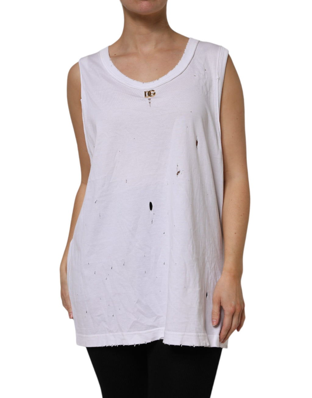 Débardeur blanc en coton sans manches Dolce & Gabbana avec col rond, vue de face.
