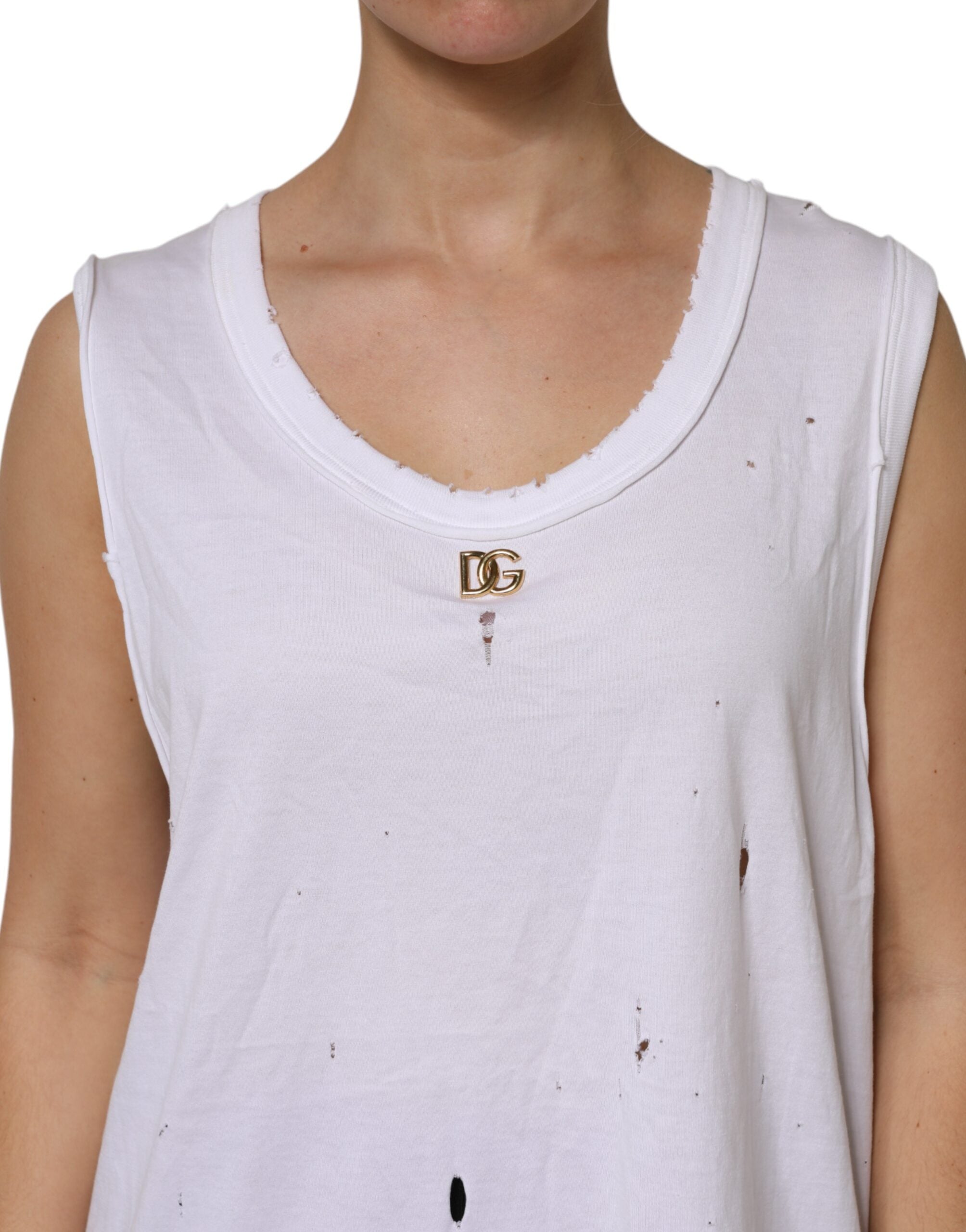 Débardeur blanc en coton sans manches et col rond de Dolce & Gabbana, porté sur un mannequin.